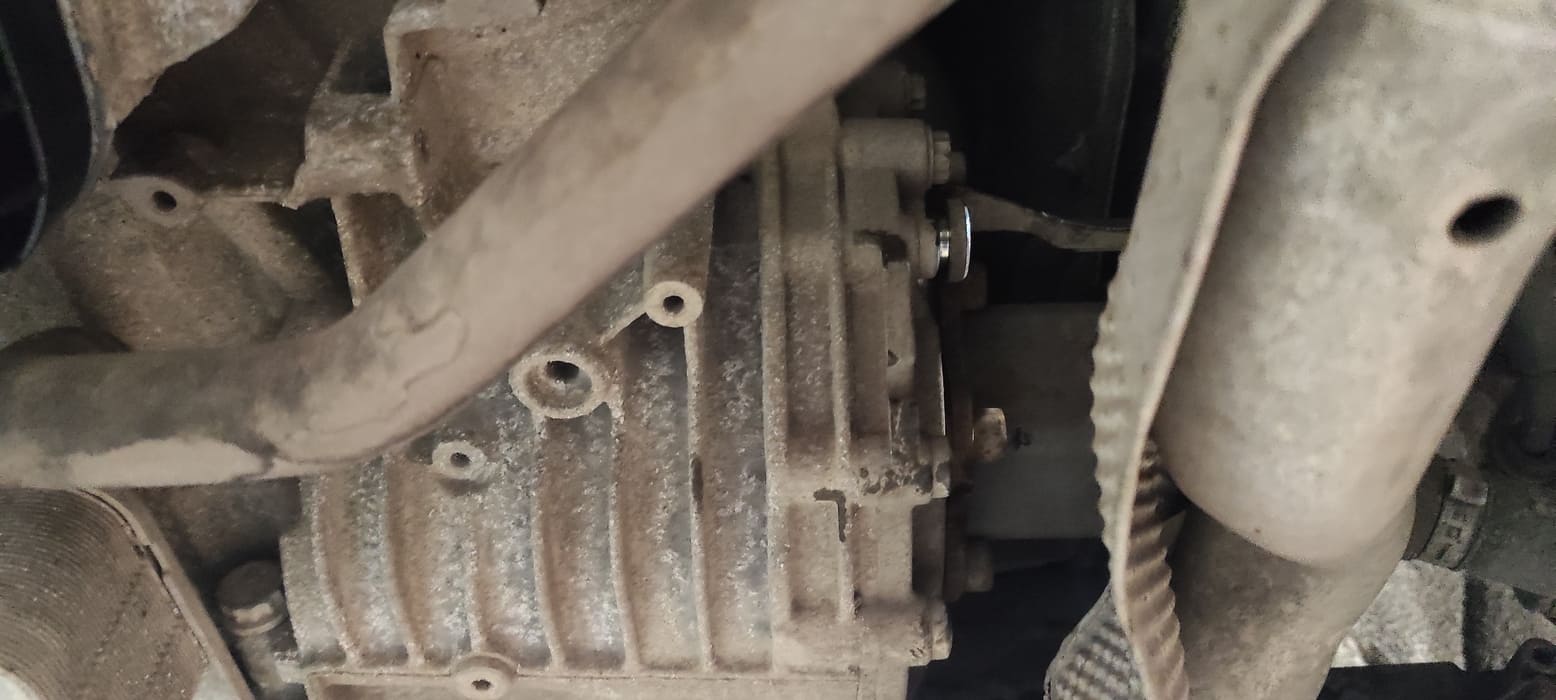 На этом фото сразу заметна заливная пробка с блестящей шейкой, на боку редуктора.